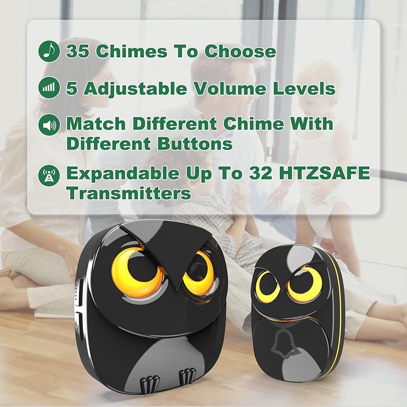 HTZSAFE Wireless Doorbell, Cute Owl Doorbell Weatherproof IP55 Outdoor Remote Push Button- 1000 feet Long Wireless Range- 35 Classic Melodies Optional,5 Volume Levels & LED Flash-2Receivers+1Transmitter,Black - Image 5
